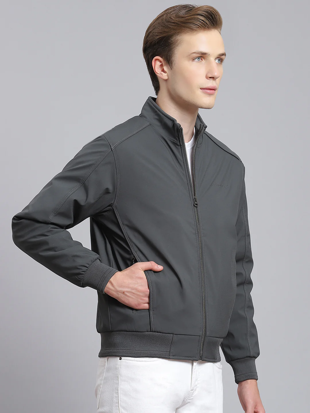 Men Grey Solid Stand Collar Full Sleeve Jacket - Image 3