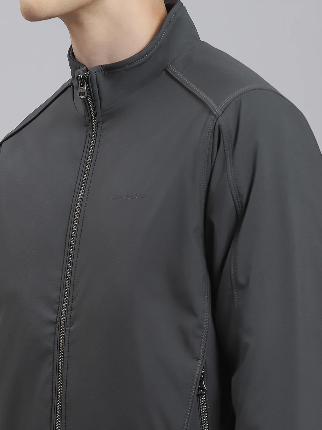 Men Grey Solid Stand Collar Full Sleeve Jacket - Image 6