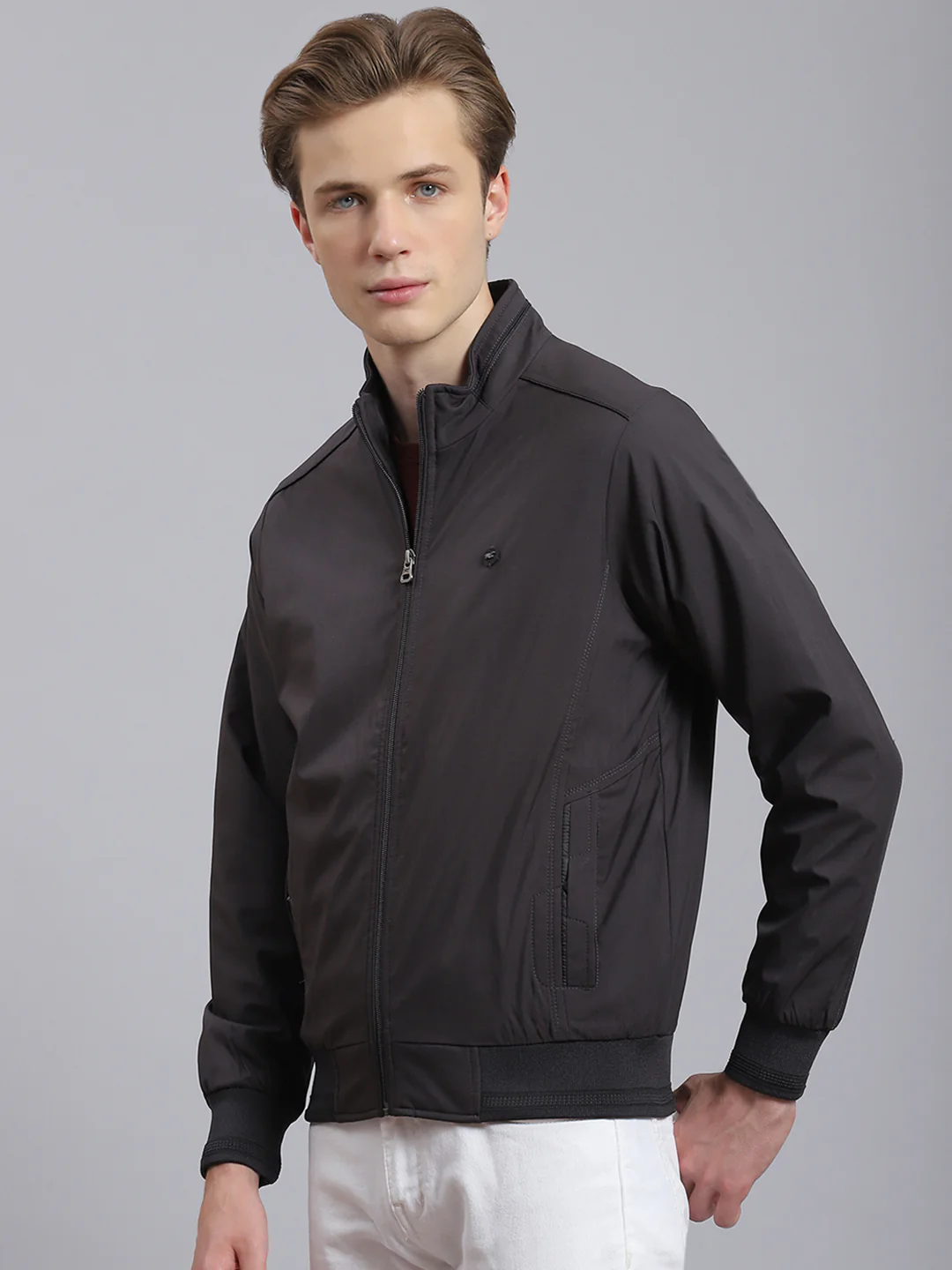 Men Grey Solid Stand Collar Full Sleeve Jacket - Image 2