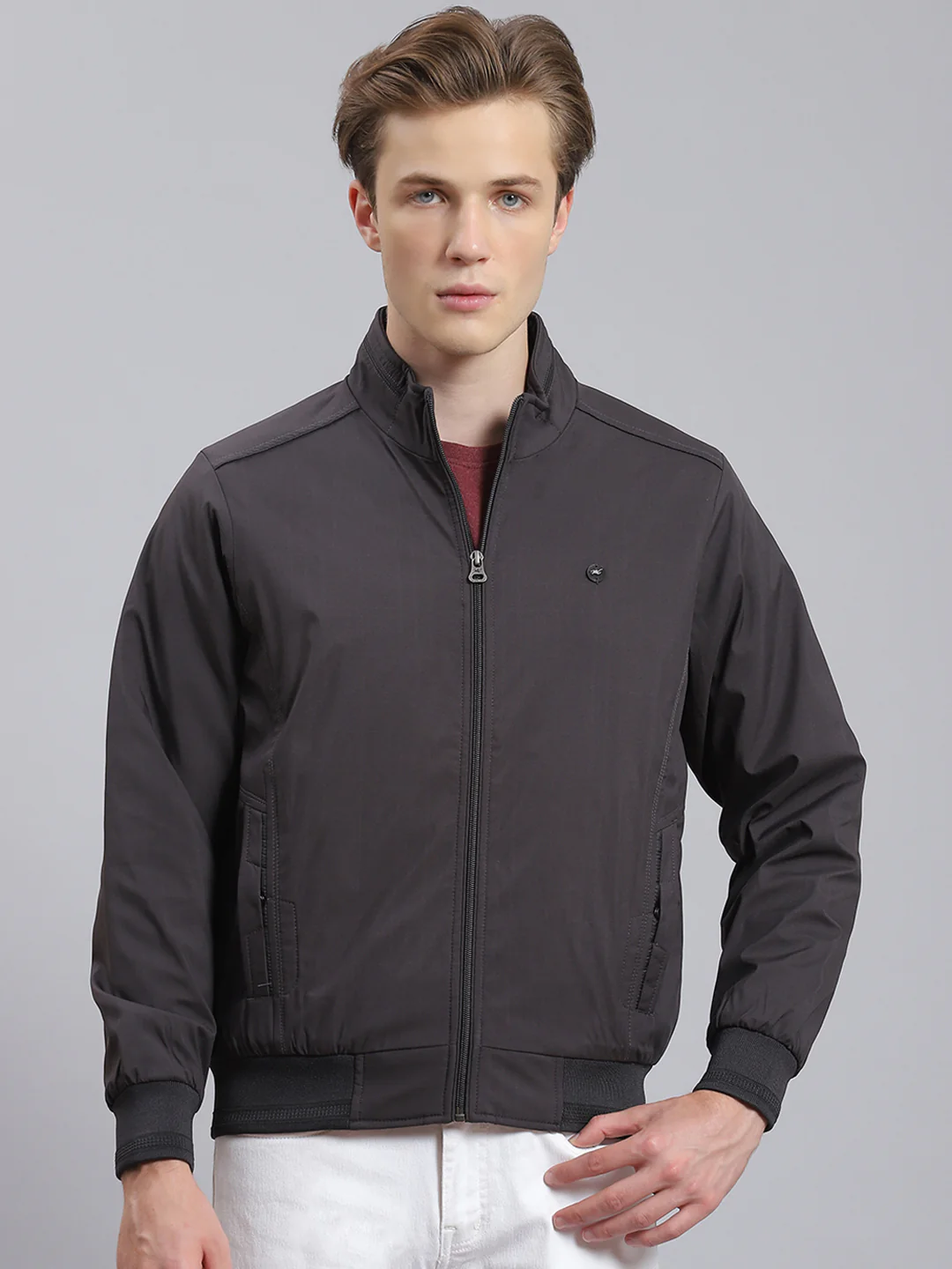 Men Grey Solid Stand Collar Full Sleeve Jacket - Image 5