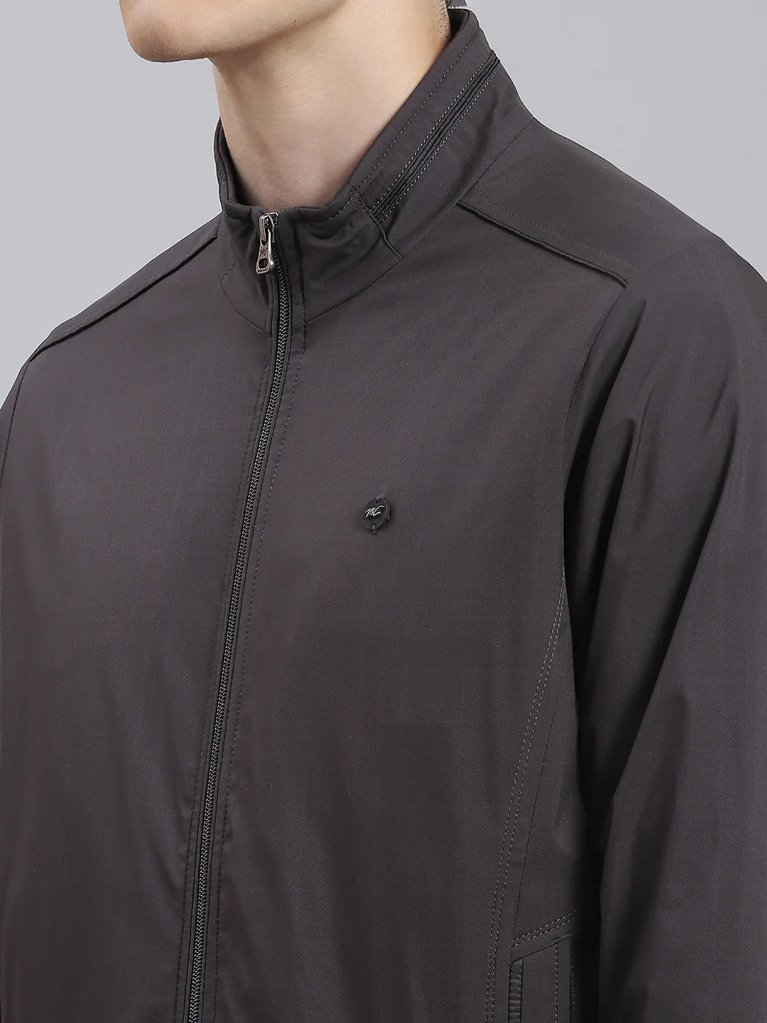 Men Grey Solid Stand Collar Full Sleeve Jacket - Image 6