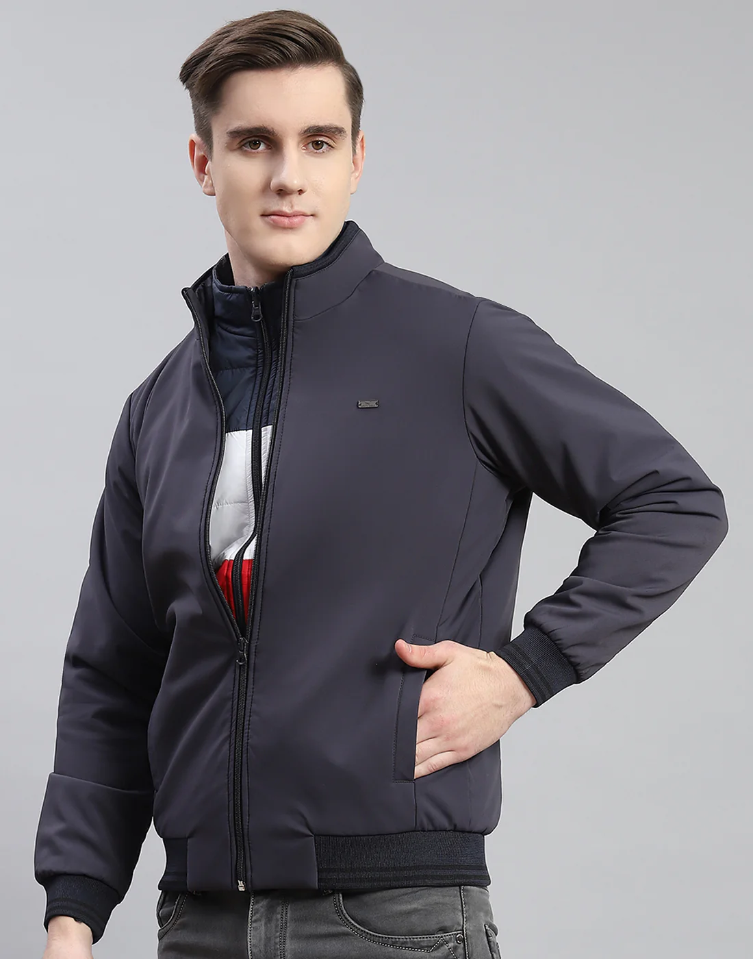 Men Grey Solid Stand Collar Full Sleeve Reversible Jacket - 2 Pc set - Image 5