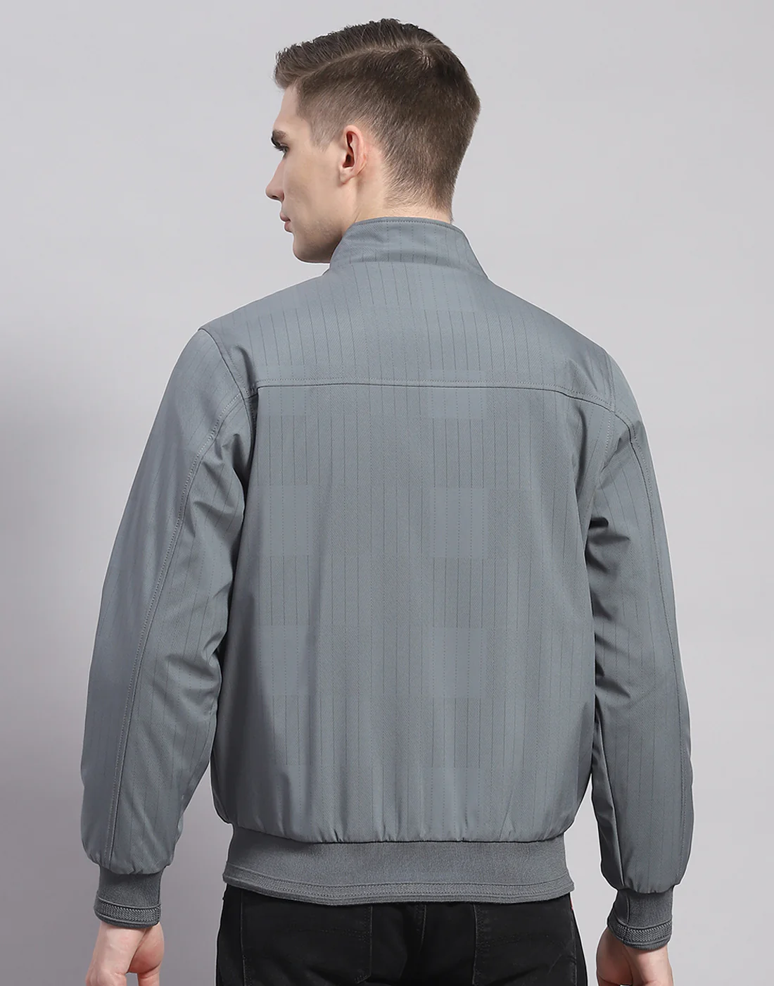Men Grey Solid Stand Collar Full Sleeve Jacket - Image 5