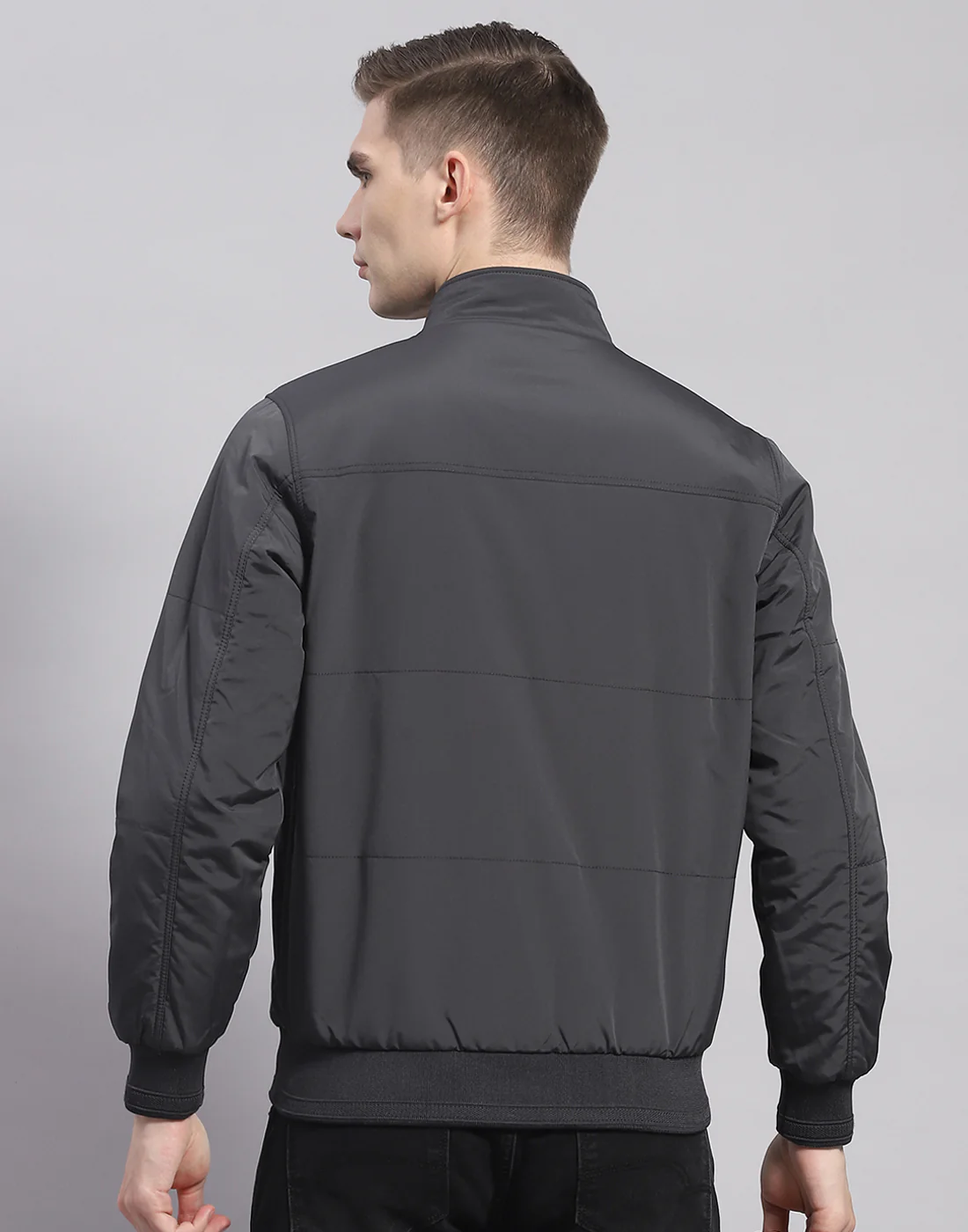 Men Grey Solid Stand Collar Full Sleeve Jacket - Image 7