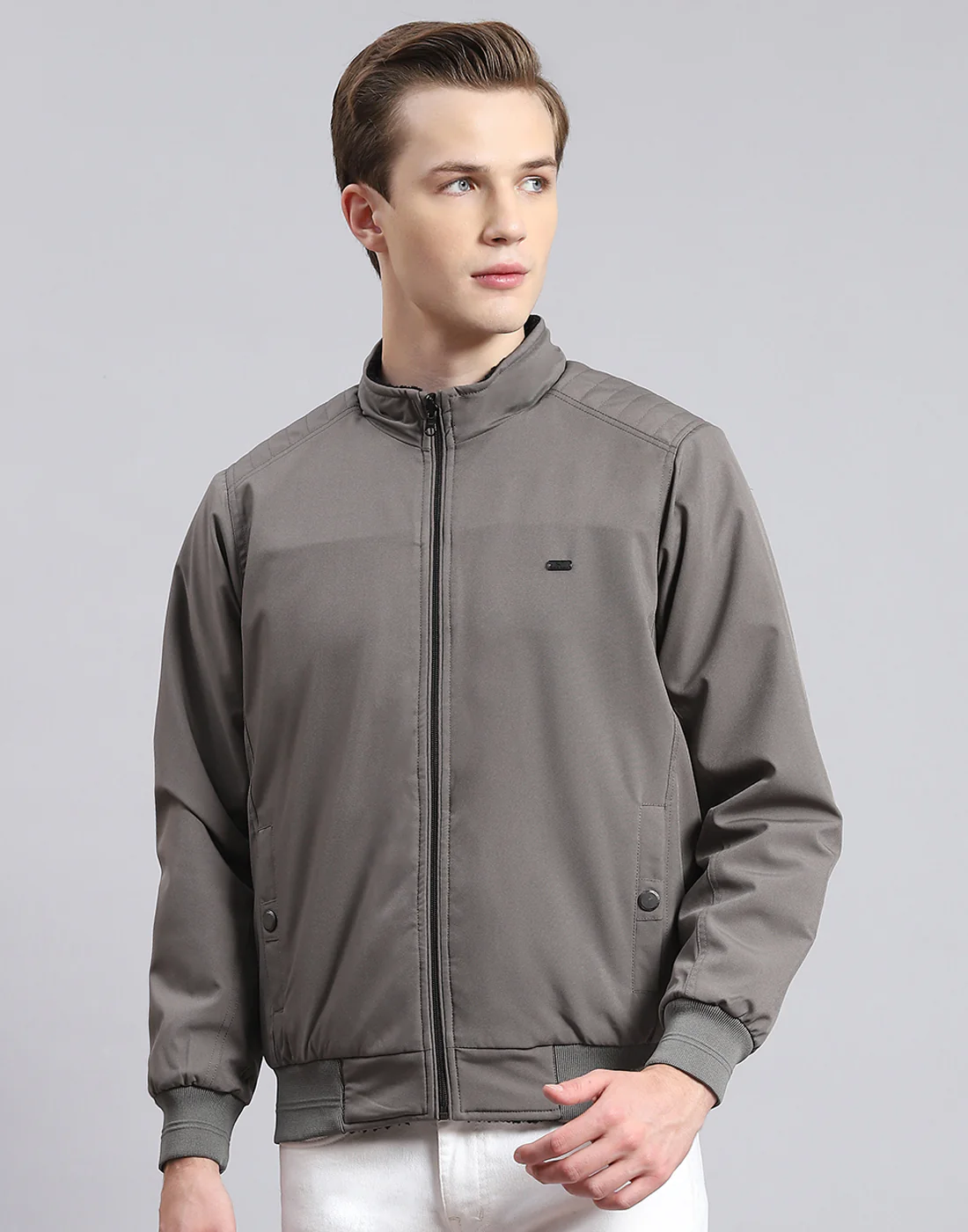 Men Grey Solid Stand Collar Full Sleeve Jacket - Image 3