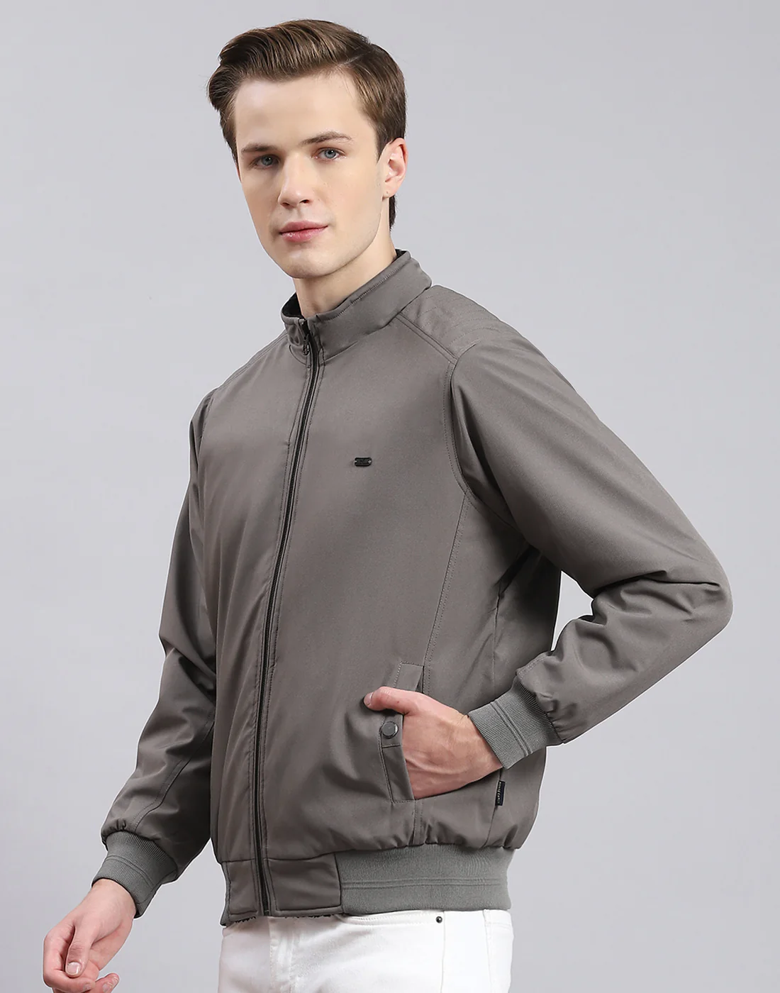Men Grey Solid Stand Collar Full Sleeve Jacket - Image 4