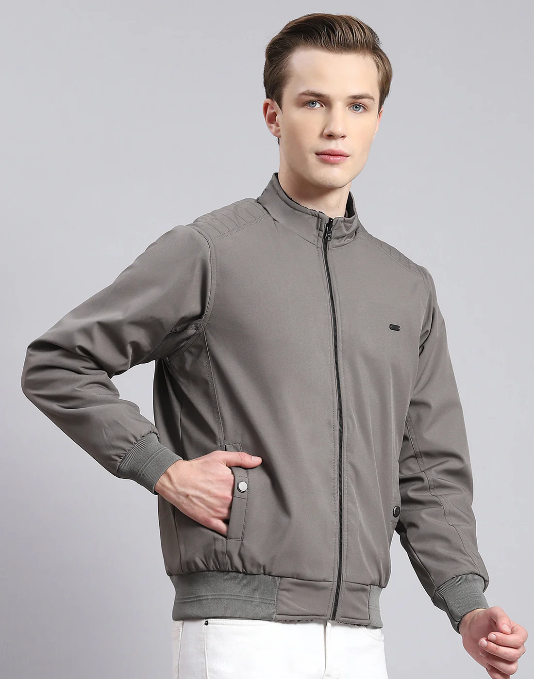 Men Grey Solid Stand Collar Full Sleeve Jacket - Image 5