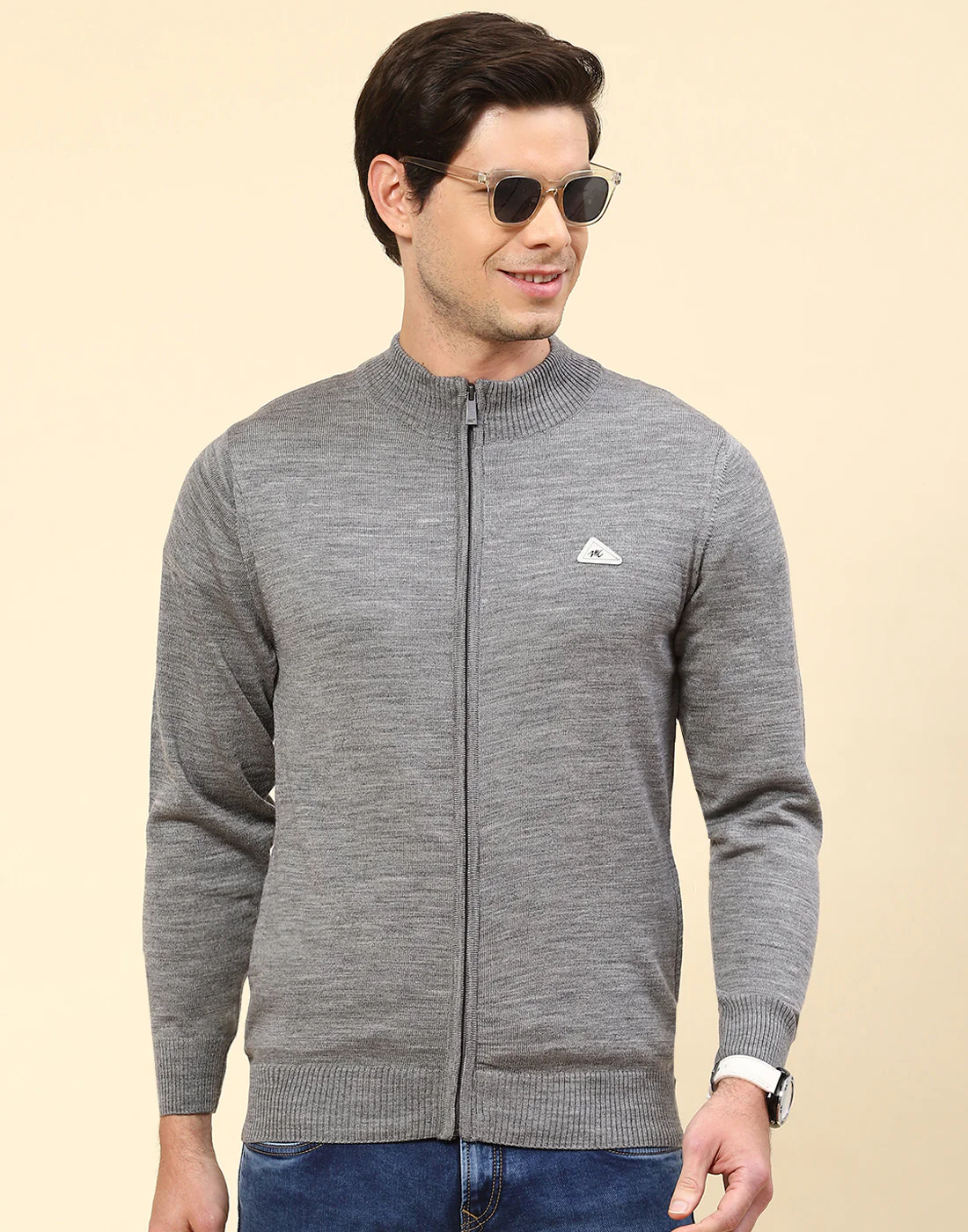 Men Grey Solid Stand Collar Full Sleeve Pullover - Image 2