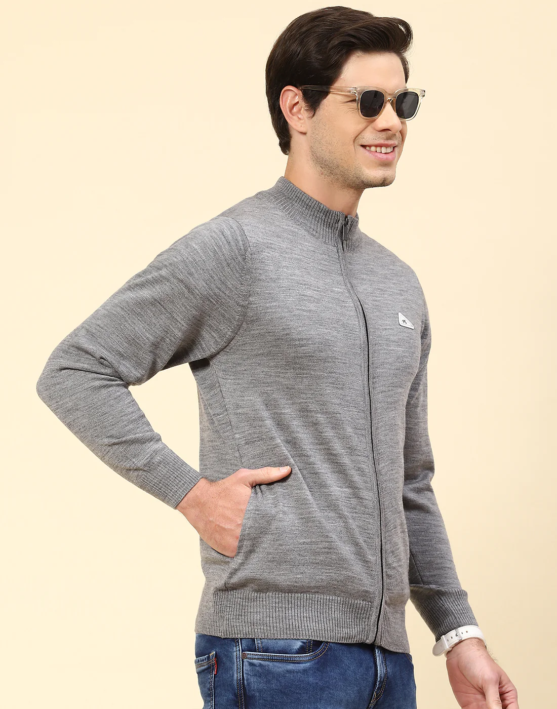 Men Grey Solid Stand Collar Full Sleeve Pullover - Image 4