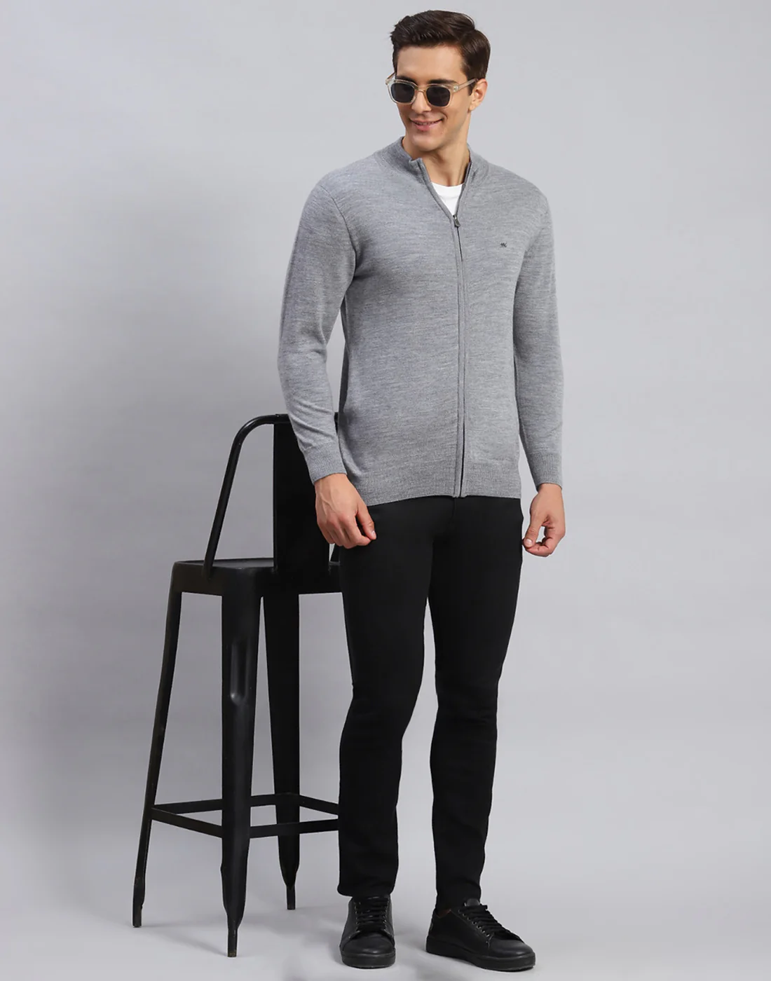 Men Grey Solid Stand Collar Full Sleeve Pullover - Image 2