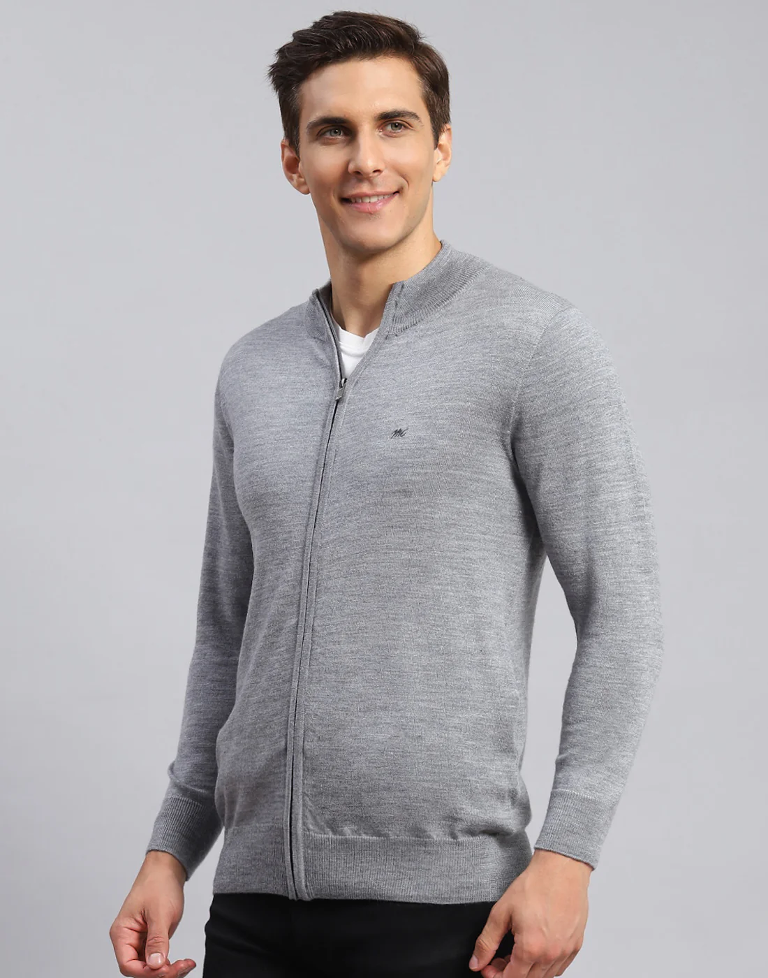 Men Grey Solid Stand Collar Full Sleeve Pullover - Image 3