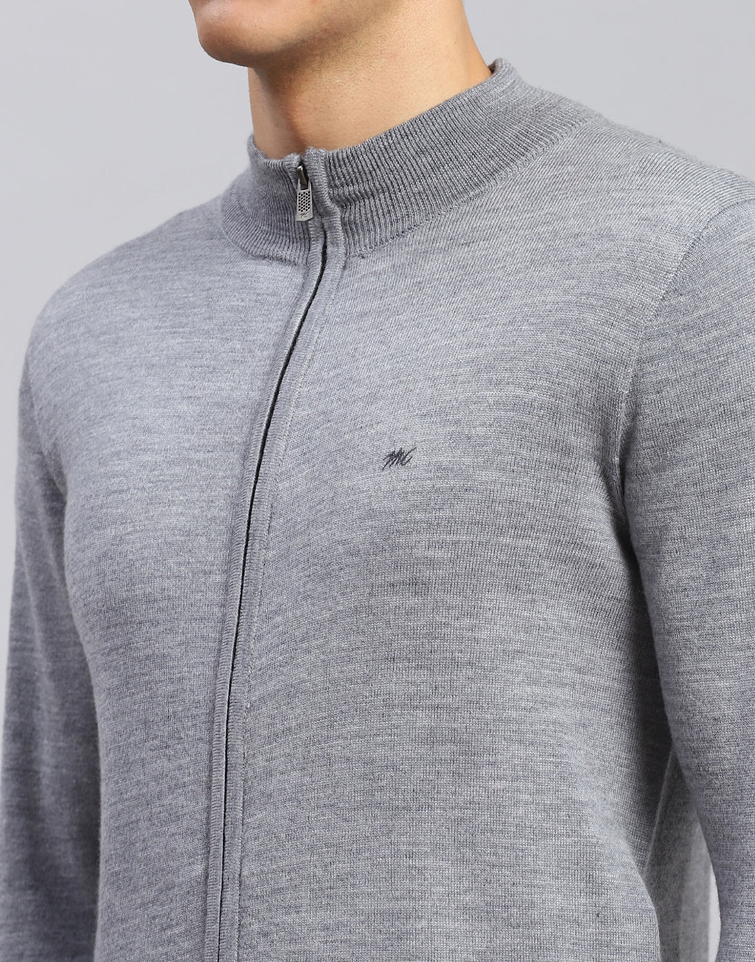 Men Grey Solid Stand Collar Full Sleeve Pullover - Image 6