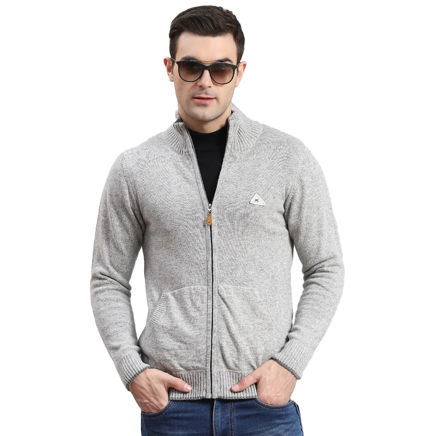 Men Grey Solid Stand Collar Full Sleeve Sweater - Image 5