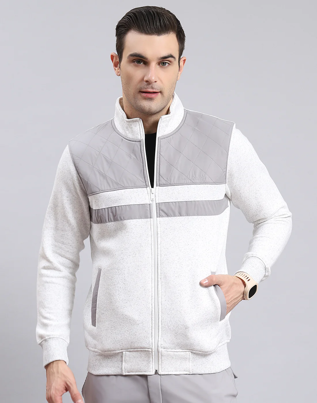 Men Grey Solid Stand Collar Full Sleeve Sweatshirt - Image 2