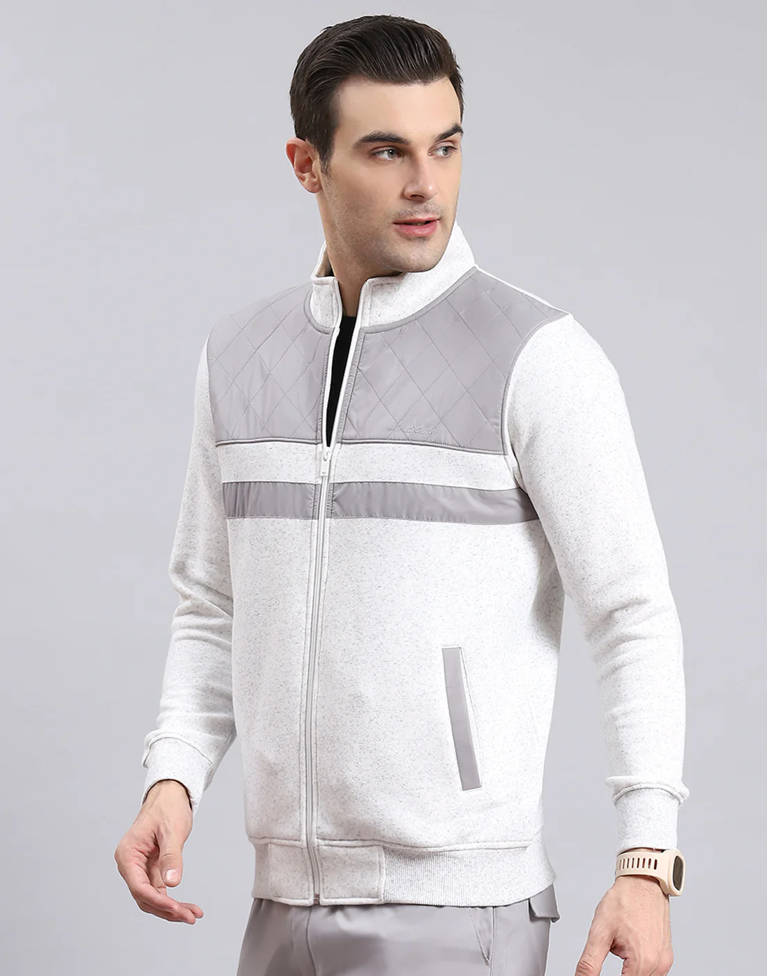 Men Grey Solid Stand Collar Full Sleeve Sweatshirt - Image 3