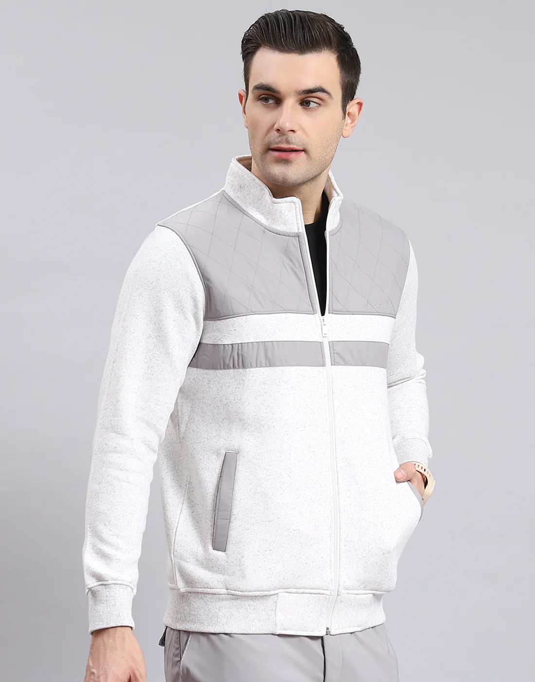 Men Grey Solid Stand Collar Full Sleeve Sweatshirt - Image 4