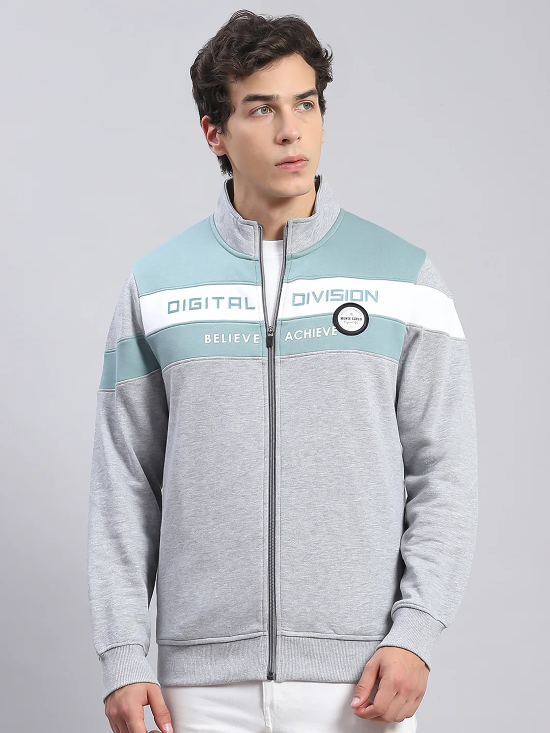 Men Grey Solid Stand Collar Full Sleeve Sweatshirts - Image 2