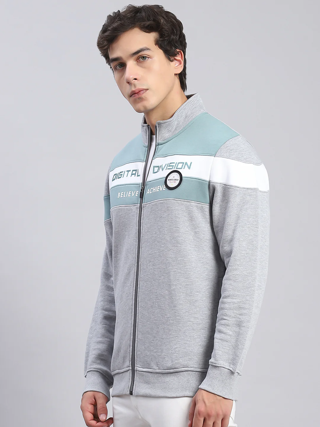 Men Grey Solid Stand Collar Full Sleeve Sweatshirts - Image 3