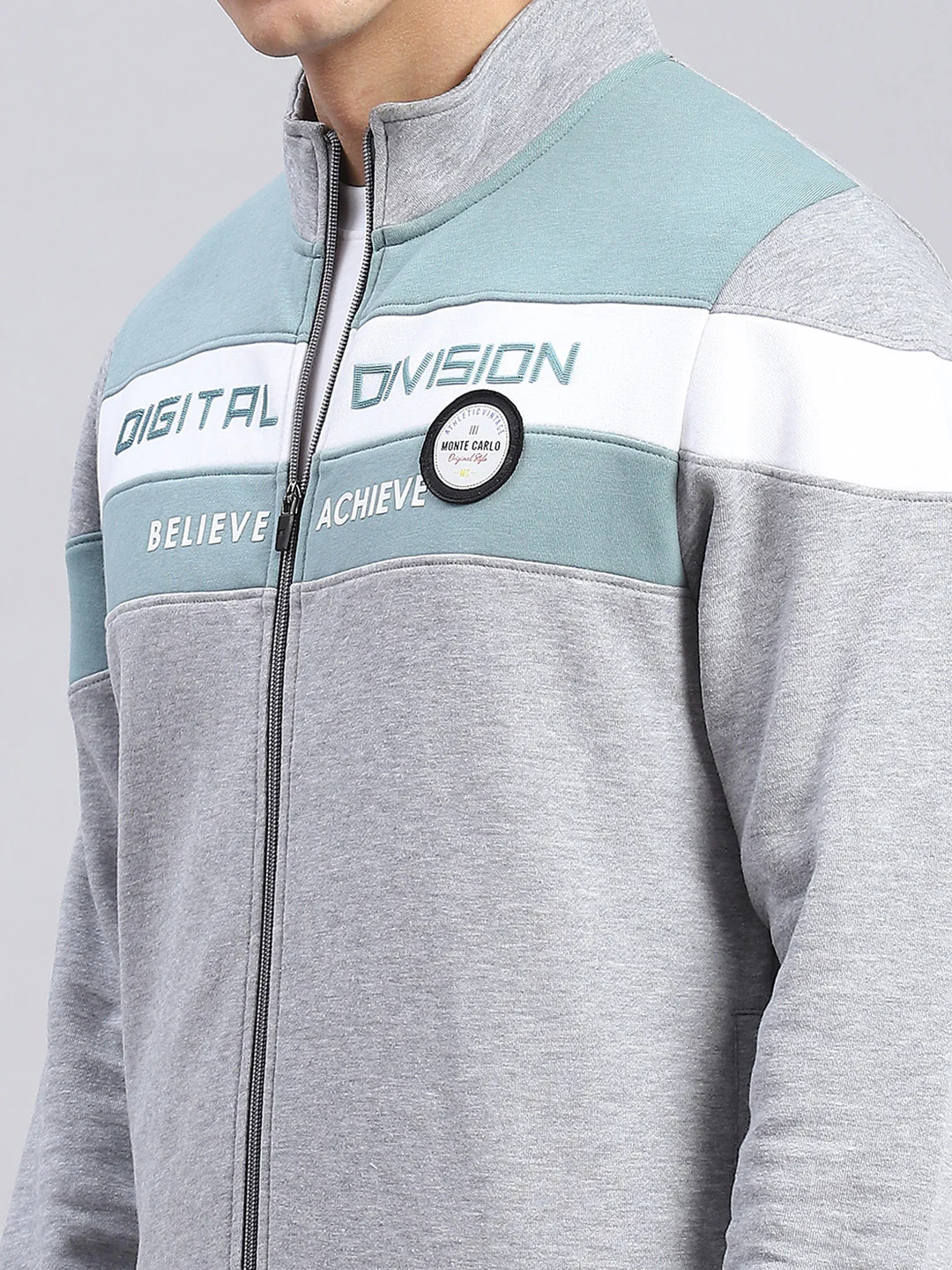 Men Grey Solid Stand Collar Full Sleeve Sweatshirts - Image 6