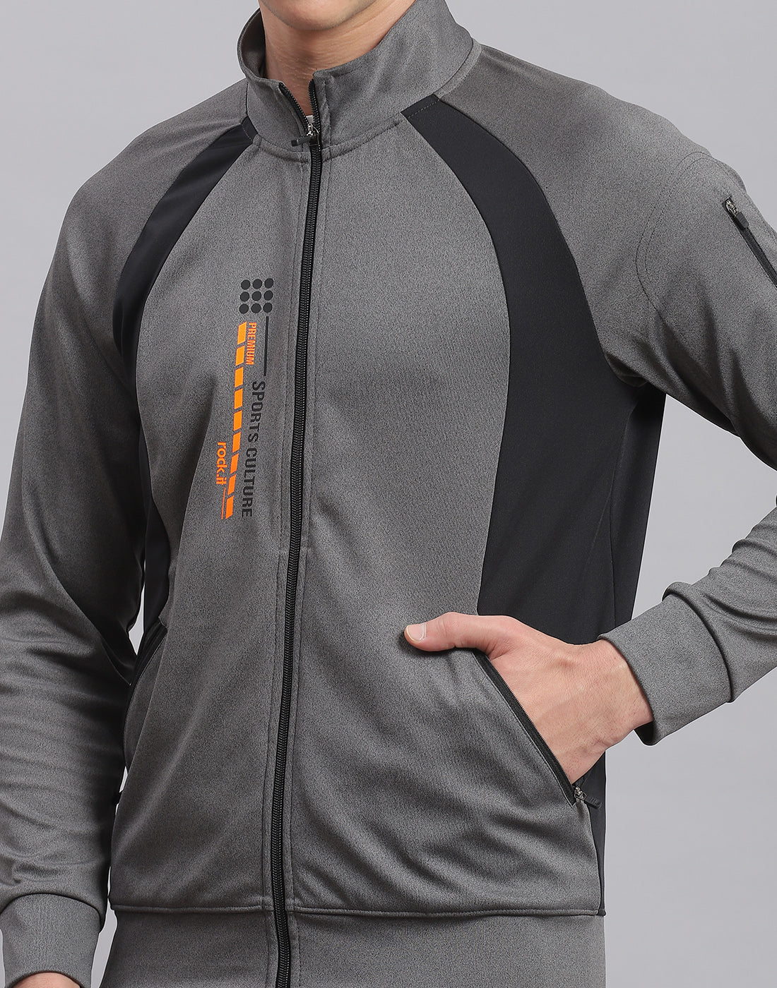 Rock.it Men Grey Solid Stand Collar Full Sleeve Tracksuit - Image 7