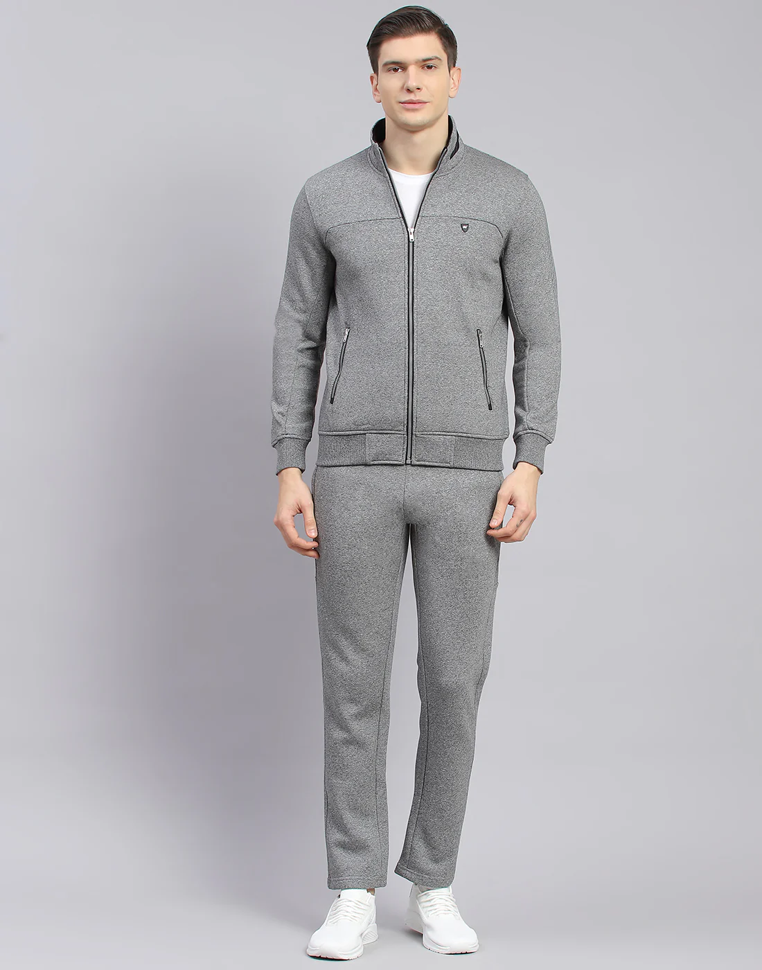 Men Grey Solid Stand Collar Full Sleeve Tracksuit - Image 2