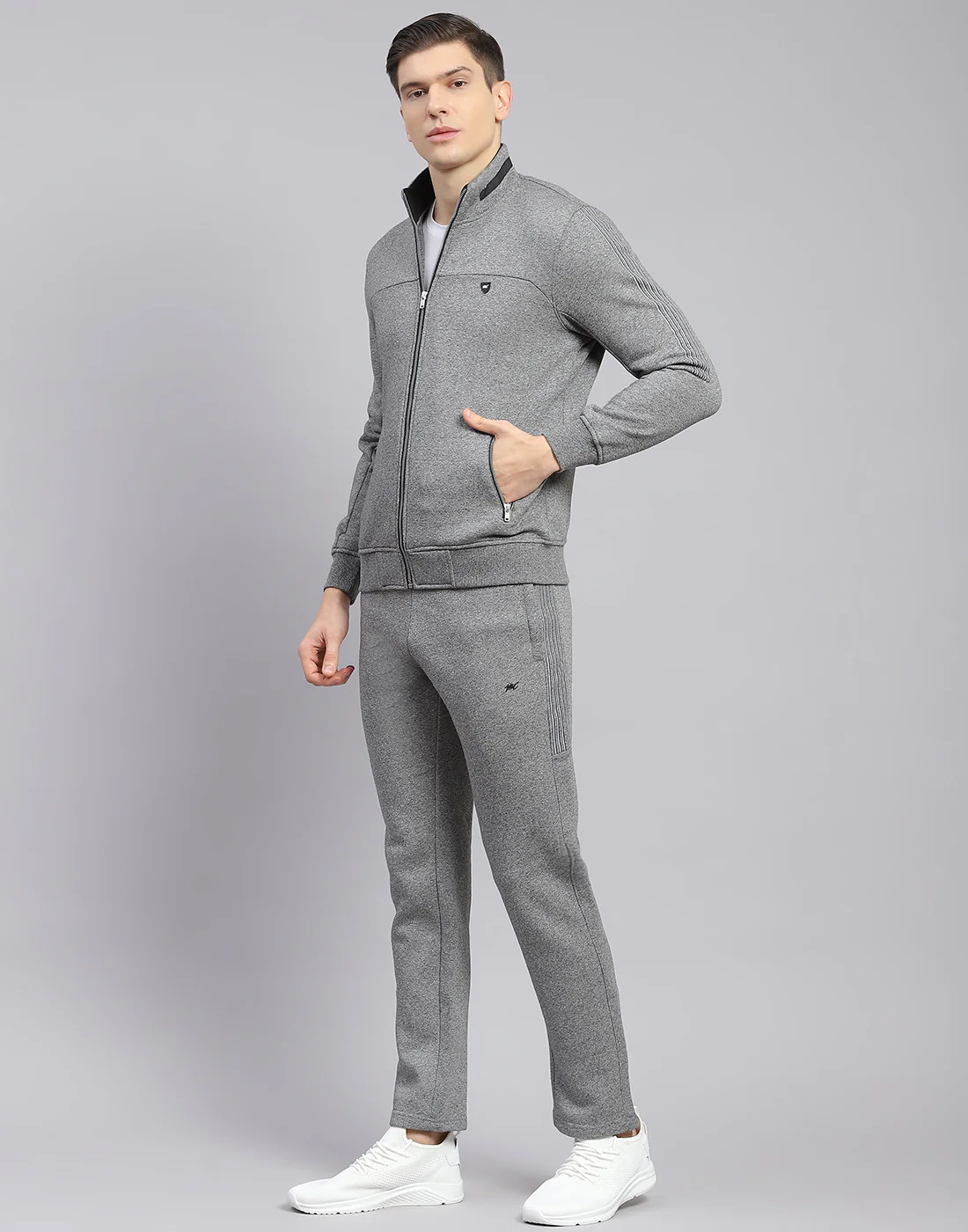 Men Grey Solid Stand Collar Full Sleeve Tracksuit - Image 3