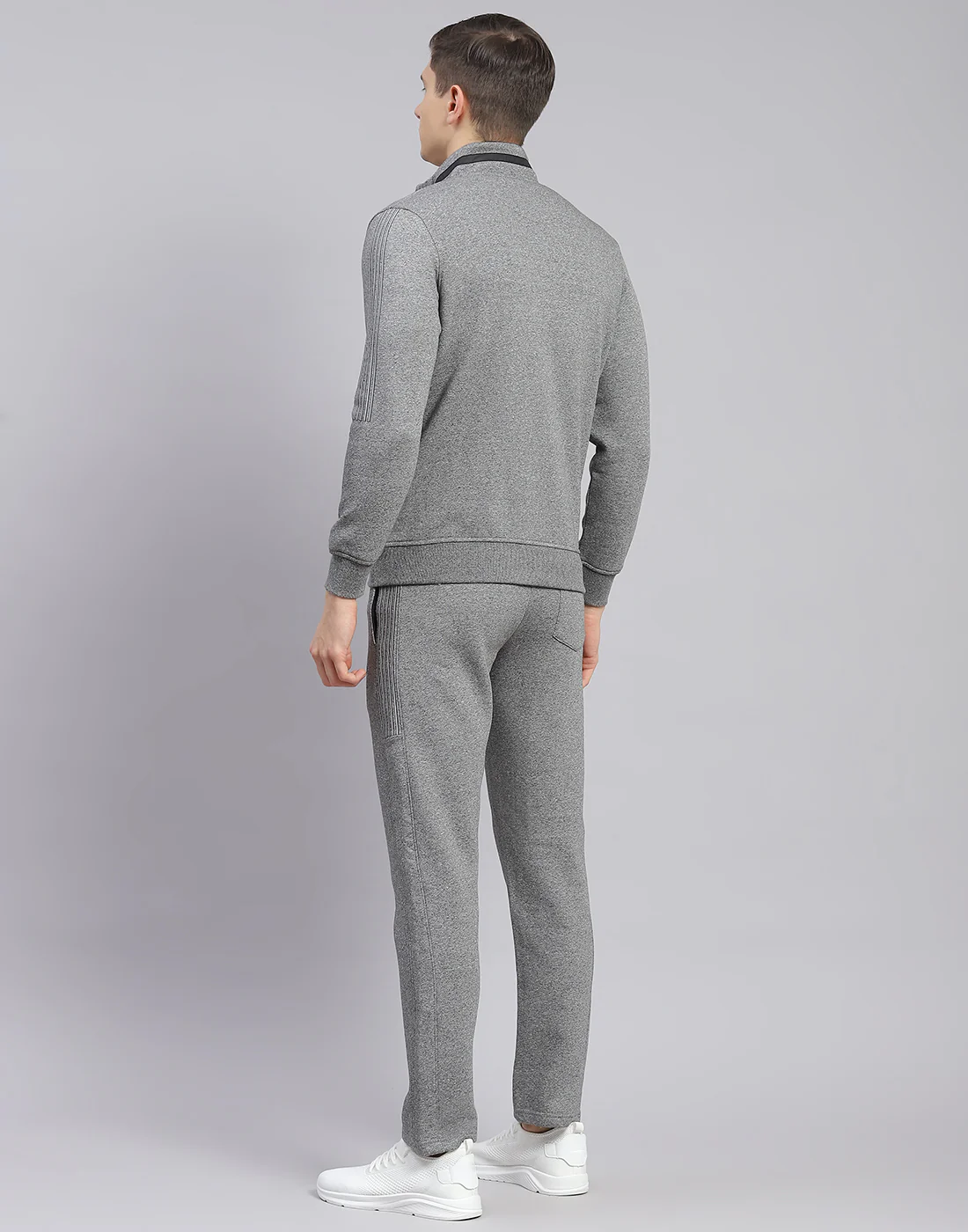 Men Grey Solid Stand Collar Full Sleeve Tracksuit - Image 6