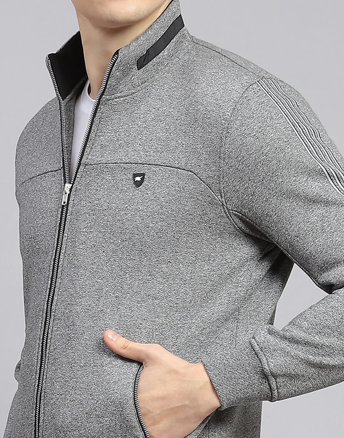 Men Grey Solid Stand Collar Full Sleeve Tracksuit - Image 7