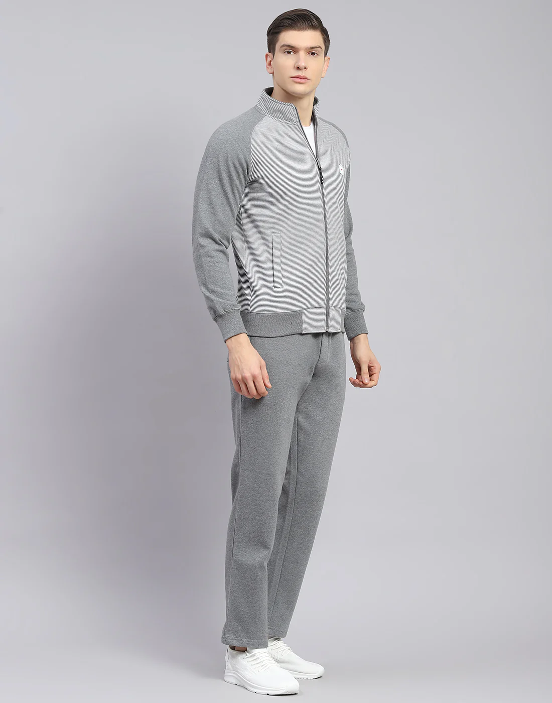 Men Grey Solid Stand Collar Full Sleeve Tracksuit - Image 4