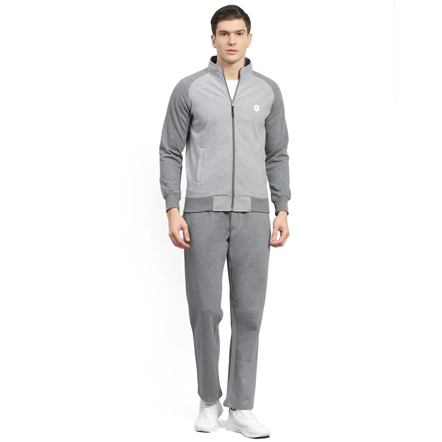 Men Grey Solid Stand Collar Full Sleeve Tracksuit - Image 5