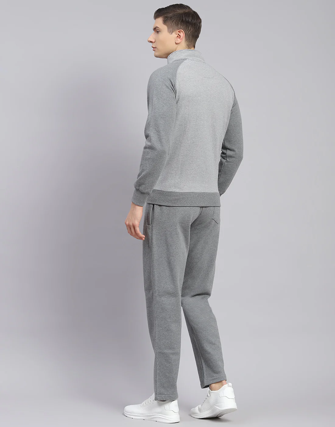 Men Grey Solid Stand Collar Full Sleeve Tracksuit - Image 6
