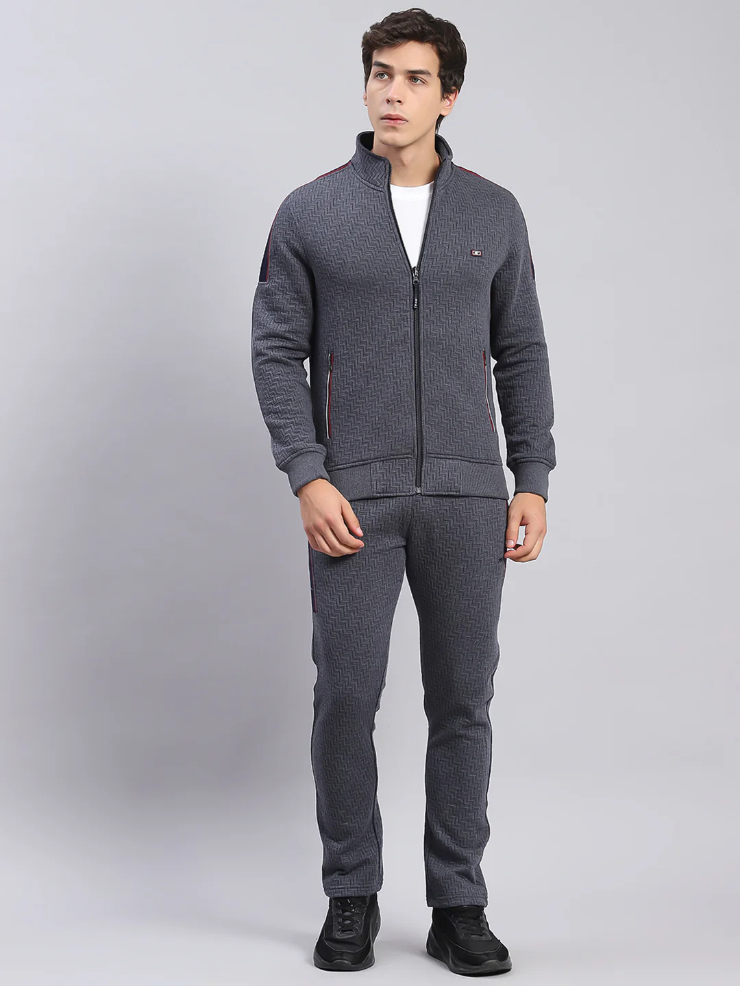Men Grey Solid Stand Collar Full Sleeve Tracksuits - Image 2