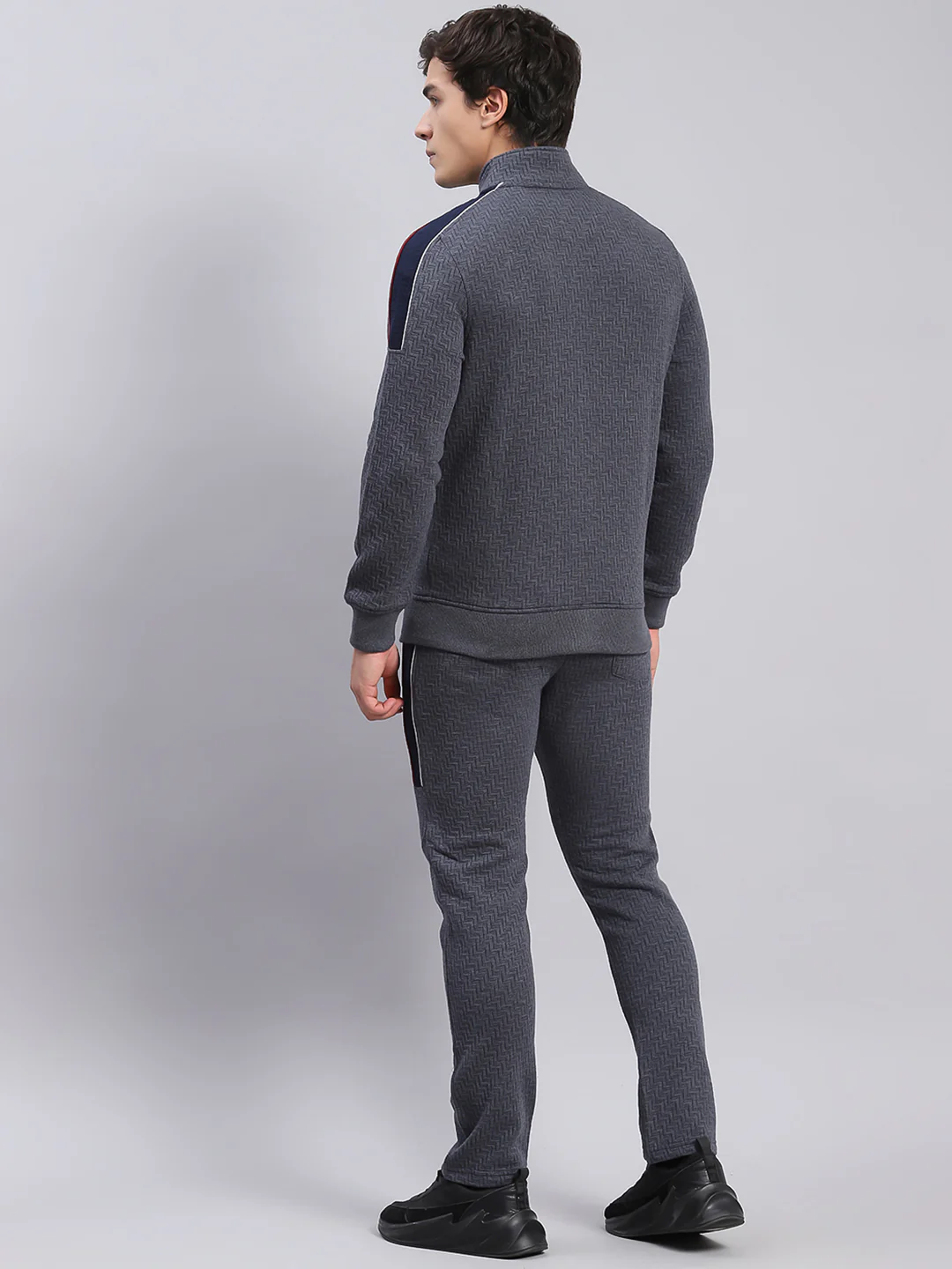 Men Grey Solid Stand Collar Full Sleeve Tracksuits - Image 5