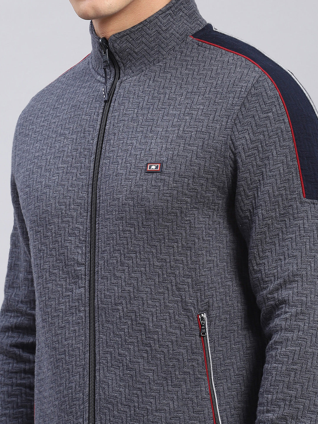 Men Grey Solid Stand Collar Full Sleeve Tracksuits - Image 6
