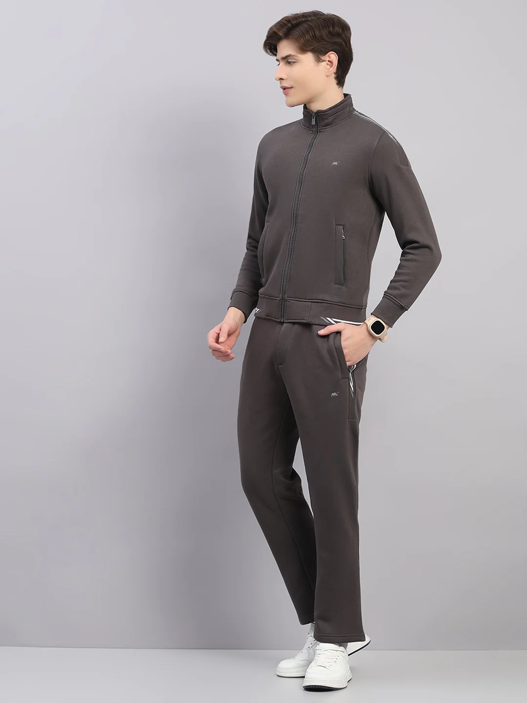 Men Grey Solid Stand Collar Full Sleeve Winter Tracksuit - Image 3