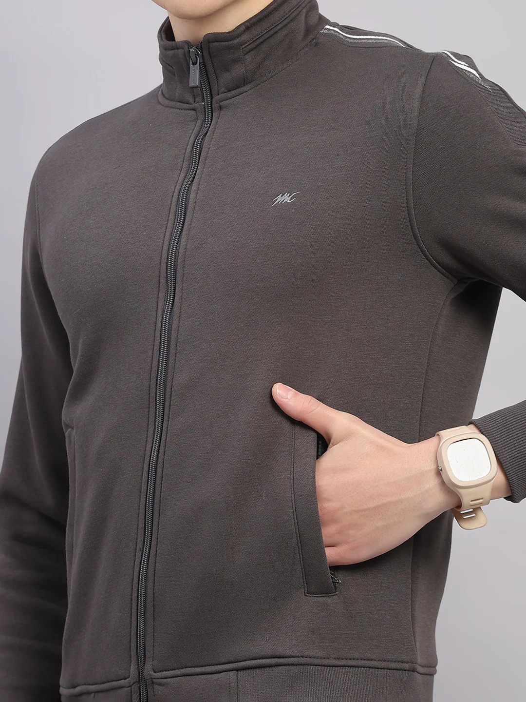 Men Grey Solid Stand Collar Full Sleeve Winter Tracksuit - Image 7