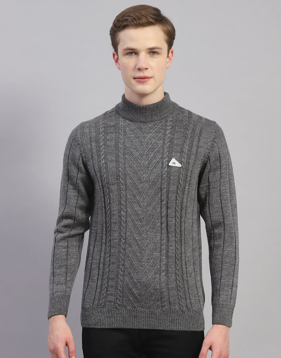 Men Grey Solid T Neck Full Sleeve Pullover - Image 2