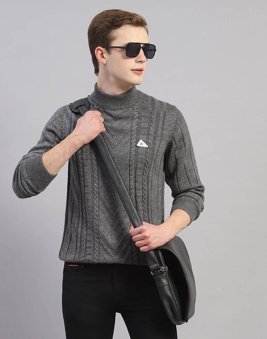 Men Grey Solid T Neck Full Sleeve Pullover - Image 6