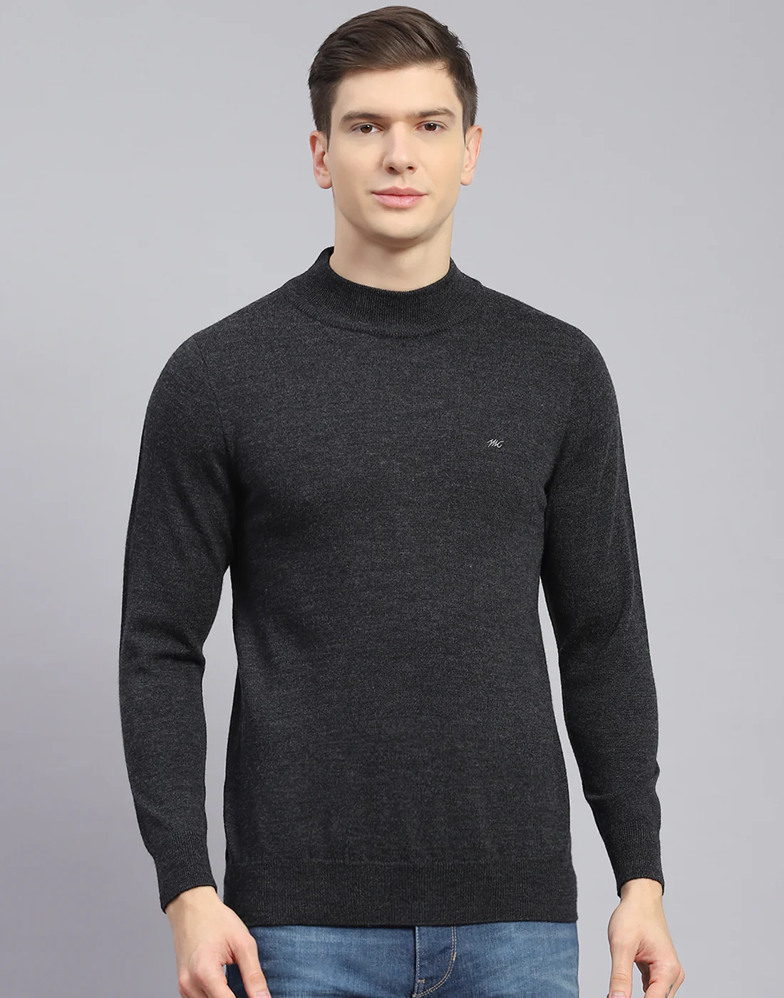 Men Grey Solid T Neck Full Sleeve Sweater - Image 3