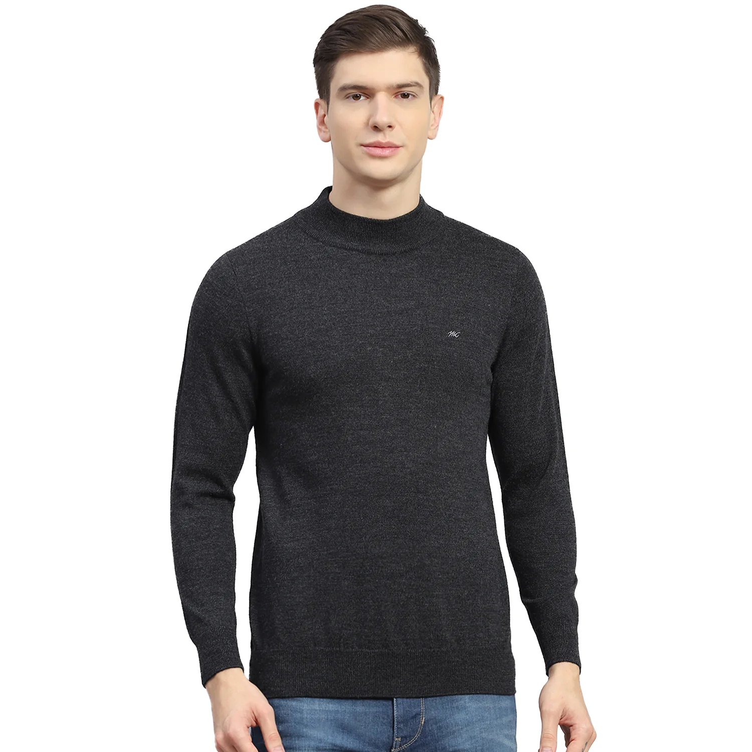 Men Grey Solid T Neck Full Sleeve Sweater - Image 5
