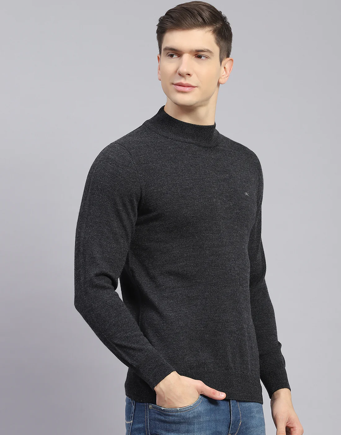 Men Grey Solid T Neck Full Sleeve Sweater - Image 6