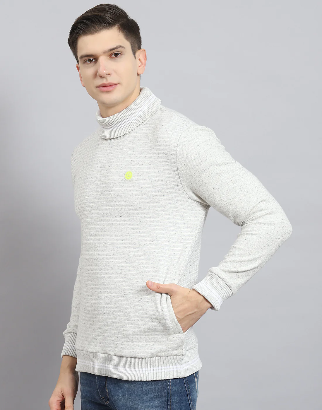 Men Grey Solid T Neck Full Sleeve Sweatshirt - Image 4