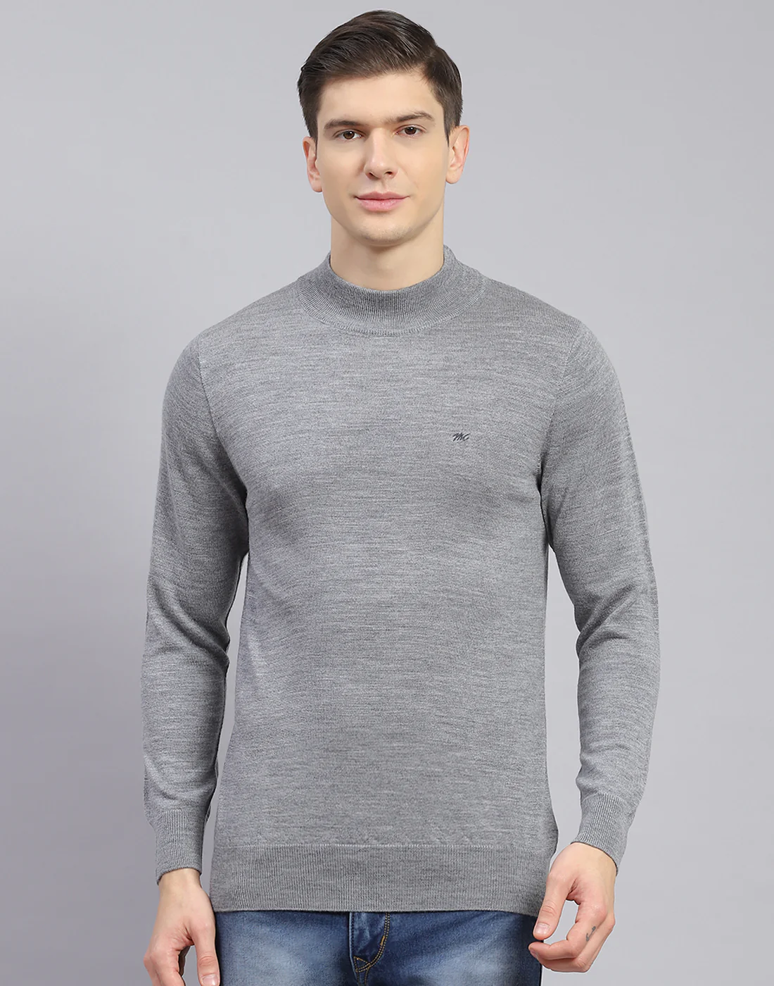 Men Grey Solid Turtle Neck Full Sleeve Pullover - Image 2