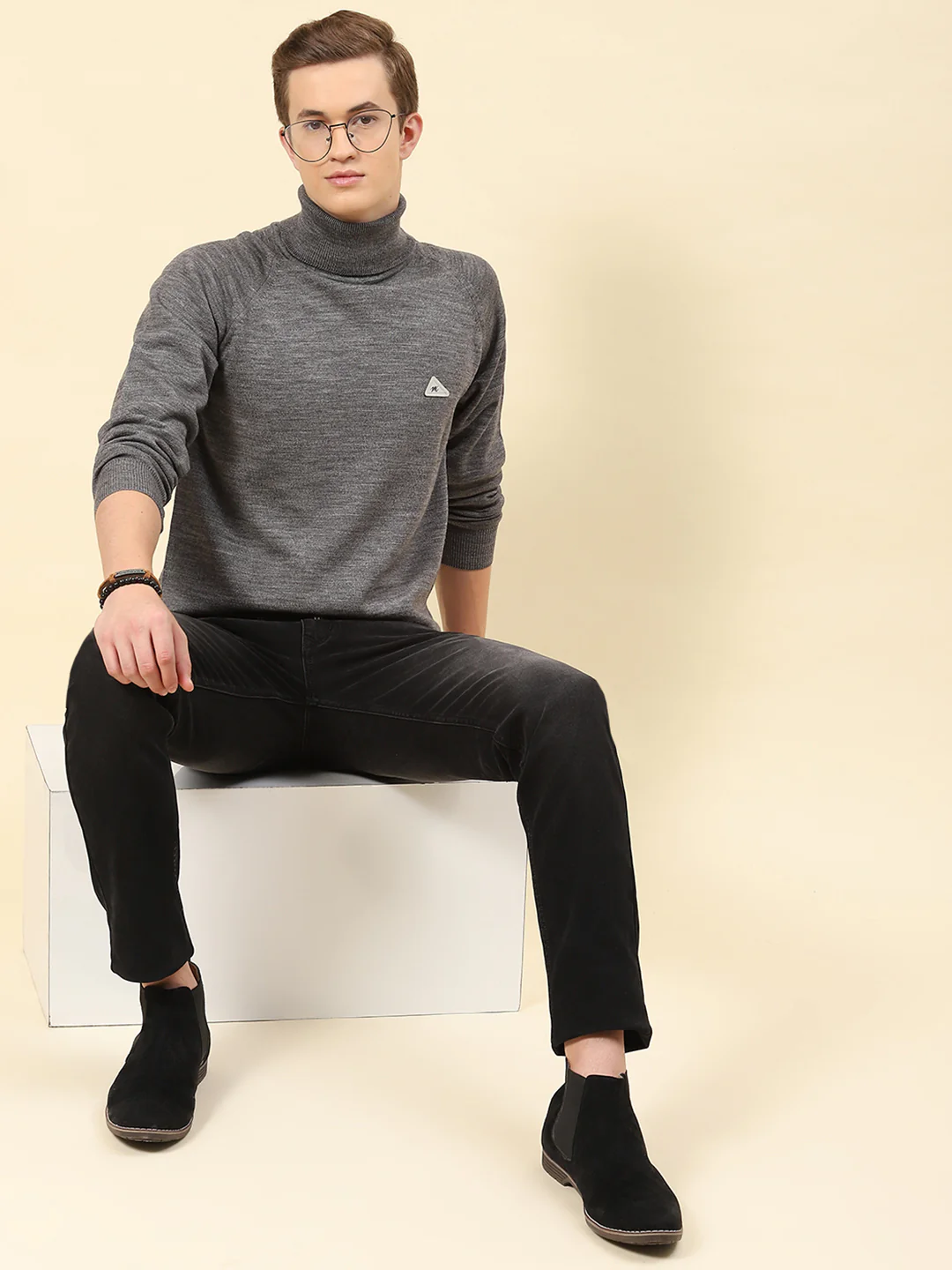 Men Grey Solid Turtle Neck Full Sleeve Pullover - Image 2