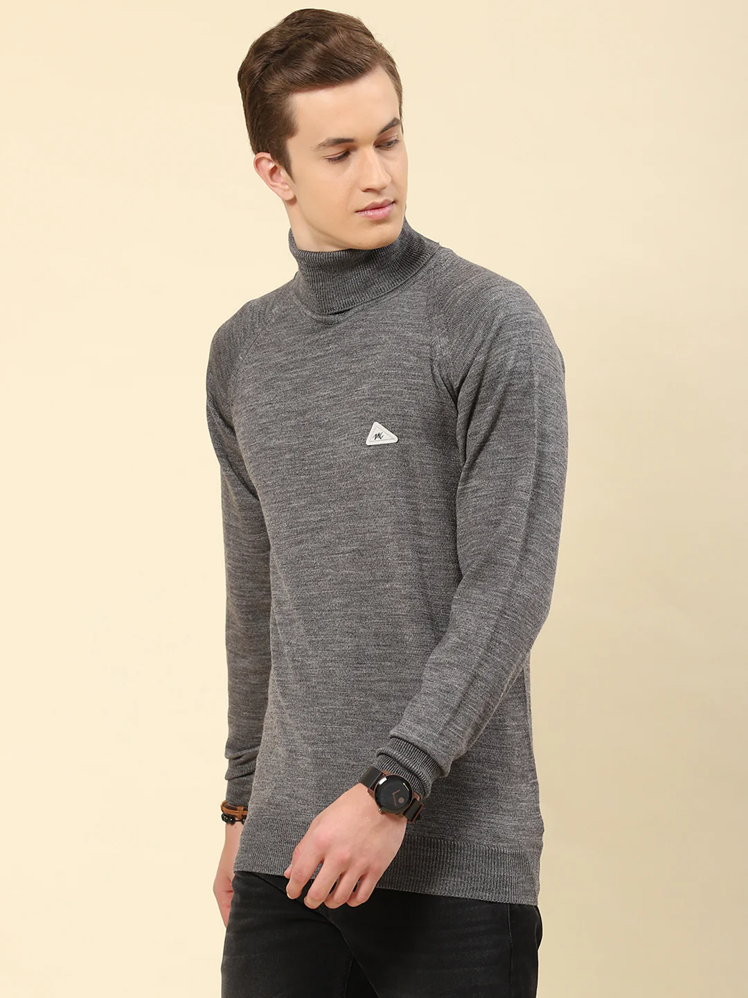 Men Grey Solid Turtle Neck Full Sleeve Pullover - Image 3