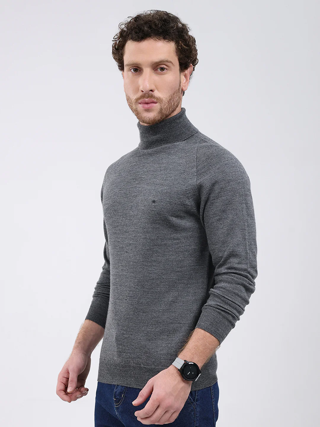 Men Grey Solid Turtle Neck Full Sleeve Pullover - Image 3