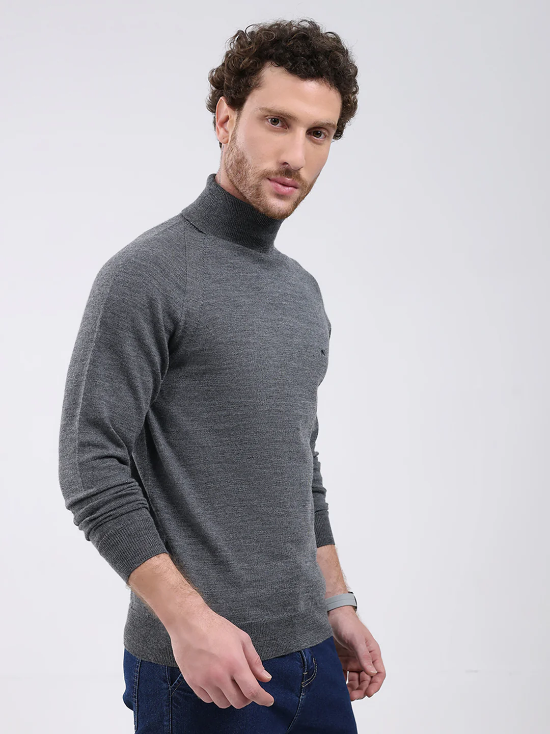 Men Grey Solid Turtle Neck Full Sleeve Pullover - Image 4