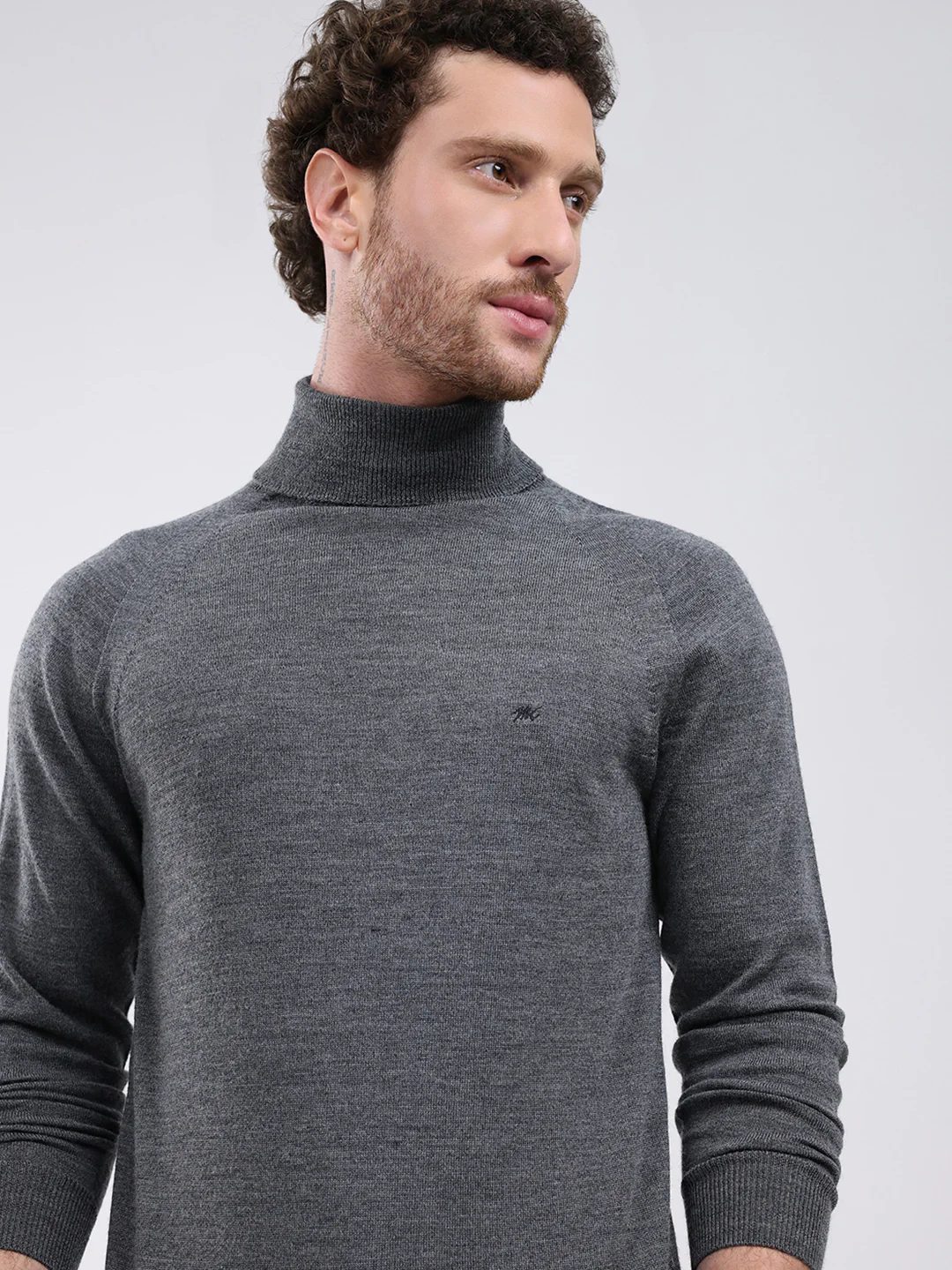 Men Grey Solid Turtle Neck Full Sleeve Pullover - Image 6