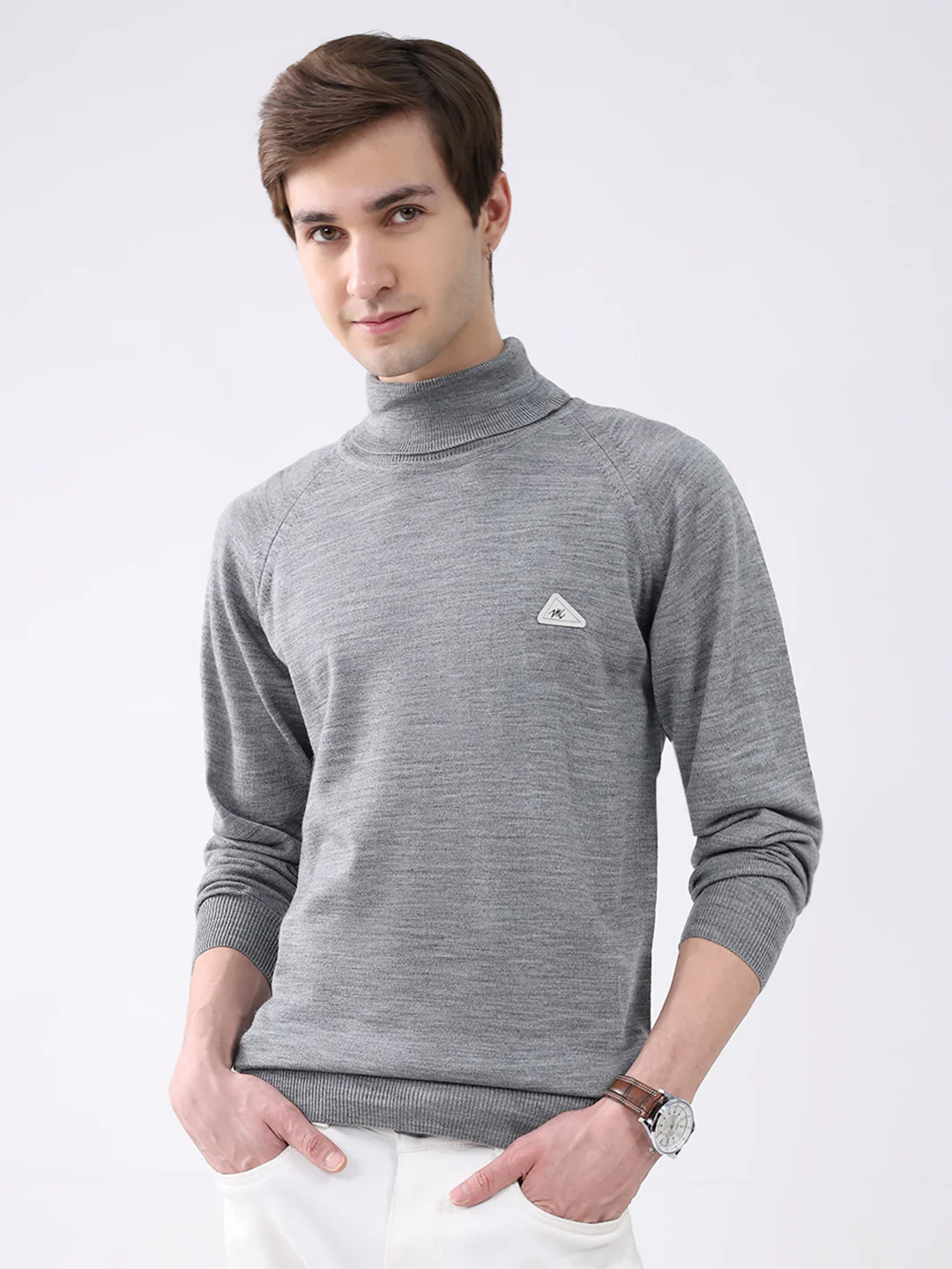 Men Grey Solid Turtle Neck Full Sleeve Pullover