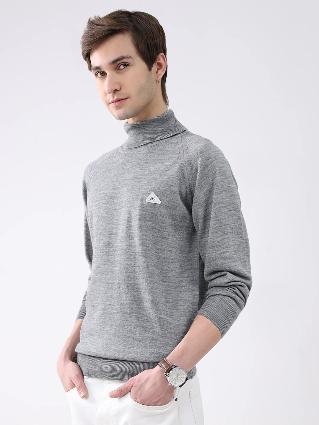 Men Grey Solid Turtle Neck Full Sleeve Pullover - Image 3